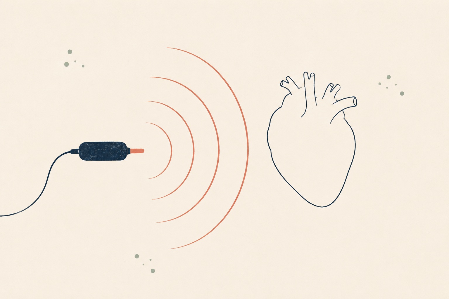 Soft illustration: a handheld device emitting sound waves that curve around a simplified heart outline, unable to pass through it