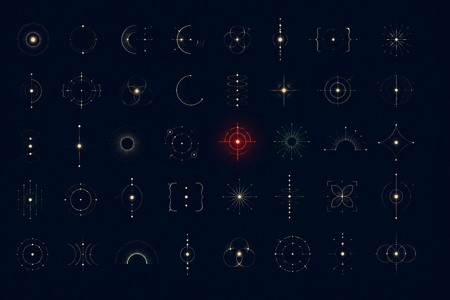 抽象插画：深蓝底色上漂浮的仪器符号星座