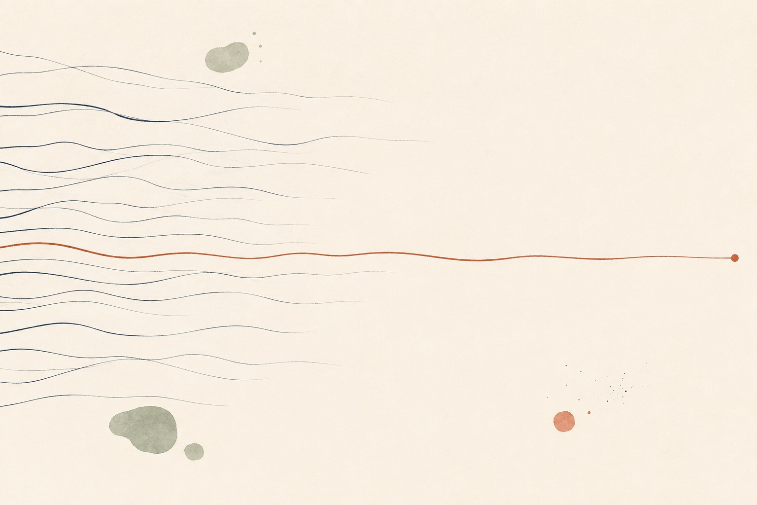 Soft illustration: many faint overlapping threads converging into one line, most ending unconnected, on warm paper