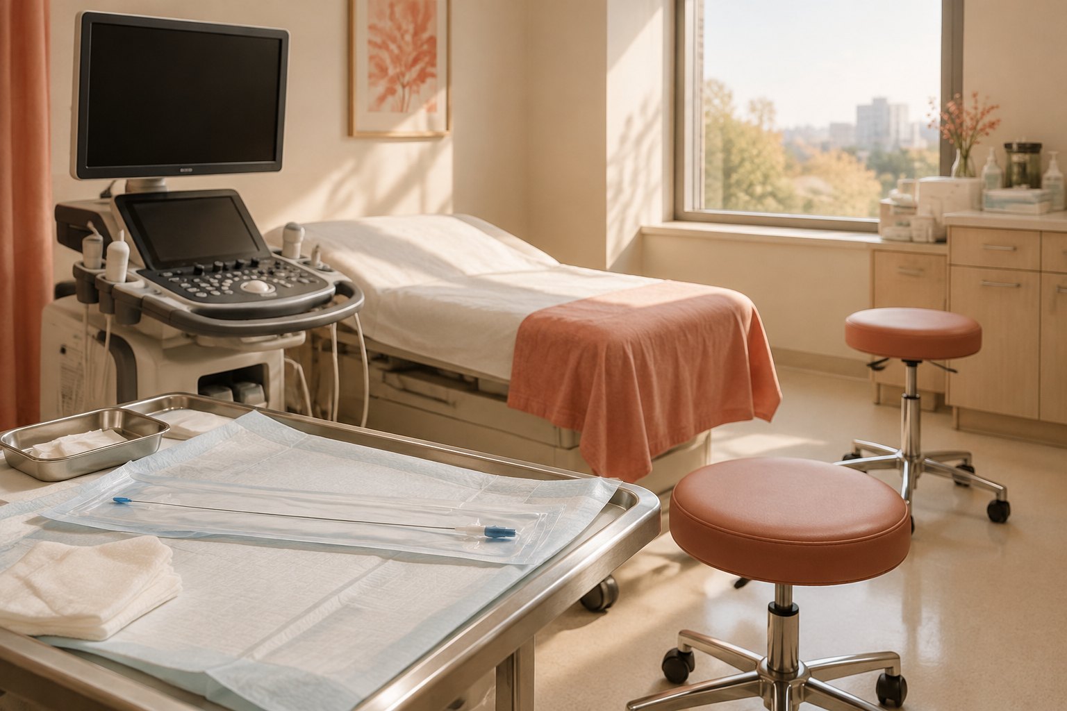 An empty procedure room with a draped table, an ultrasound machine, and a tray of catheters, staged as an illustration and not a photograph of a real fetal intervention