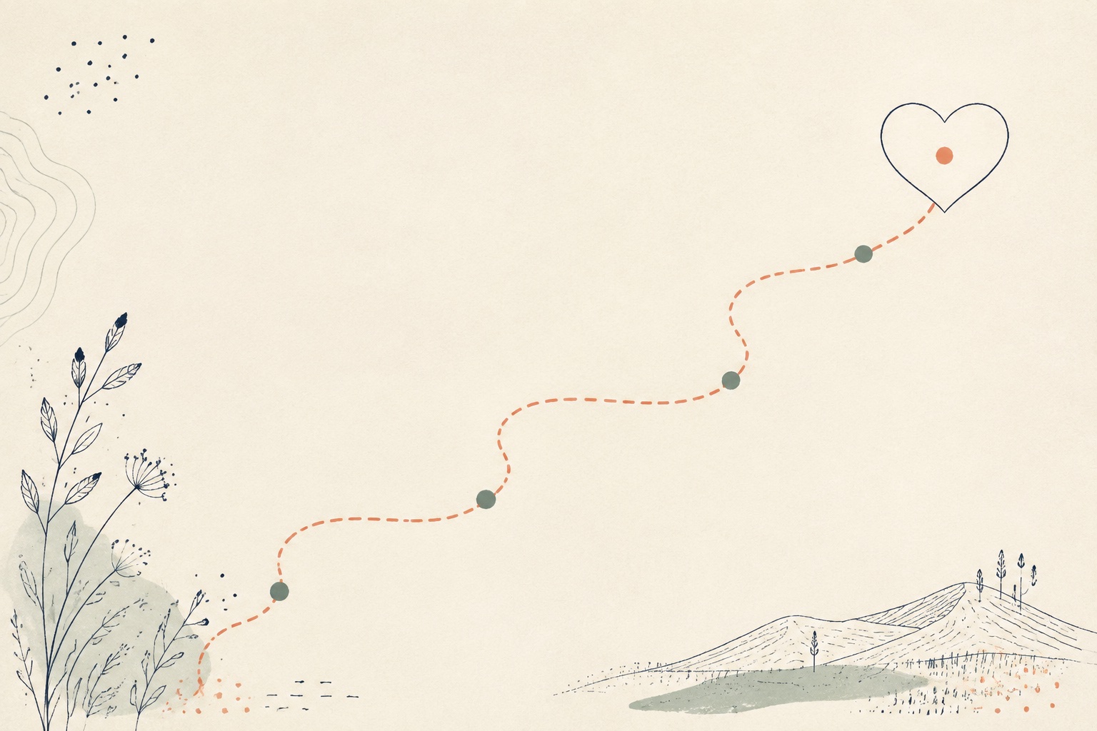Soft illustration: four small anatomical marks arranged along a winding path toward a whole heart symbol, on warm paper